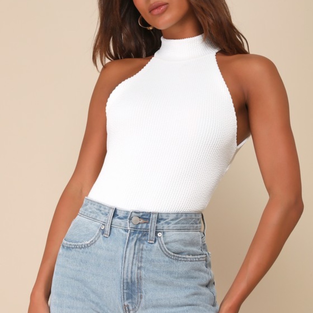 Lulus Elusively Chic White Textured Mock Neck Cutout Bodysuit - Size XS
